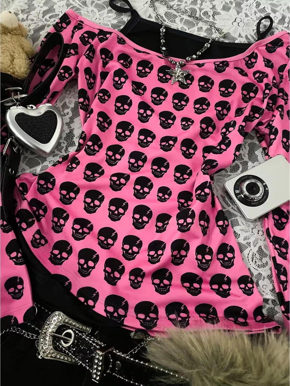 New Hot Pink & Black SKULL Blouse Cold Shoulder Punk Top Tee Shirt Size Large